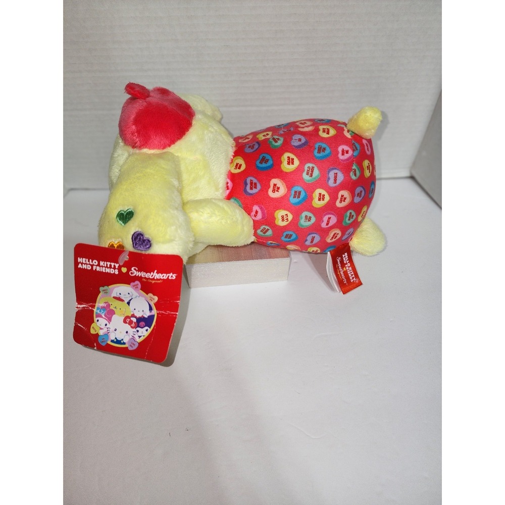 Sanrio Pompompurin plush toy themed with Sweethearts candy prints